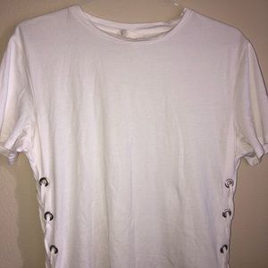 white basic tshirt with side ties